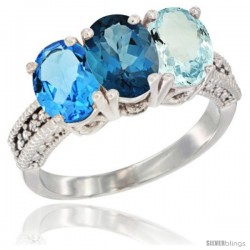 14K White Gold Natural Swiss Blue Topaz, London Blue Topaz & Aquamarine Ring 3-Stone 7x5 mm Oval Diamond Accent