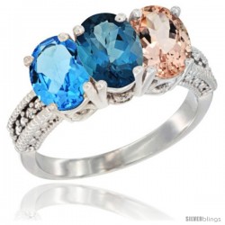 14K White Gold Natural Swiss Blue Topaz, London Blue Topaz & Morganite Ring 3-Stone 7x5 mm Oval Diamond Accent