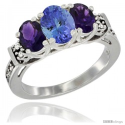 14K White Gold Natural Tanzanite & Amethyst Ring 3-Stone Oval with Diamond Accent