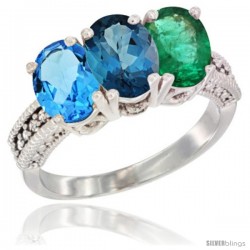 14K White Gold Natural Swiss Blue Topaz, London Blue Topaz & Emerald Ring 3-Stone 7x5 mm Oval Diamond Accent