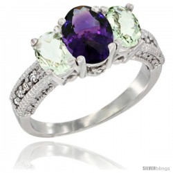 14k White Gold Ladies Oval Natural Amethyst 3-Stone Ring with Green Amethyst Sides Diamond Accent