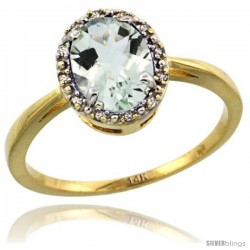 14k Yellow Gold Diamond Halo Green Amethyst Ring 1.2 ct Oval Stone 8x6 mm, 1/2 in wide