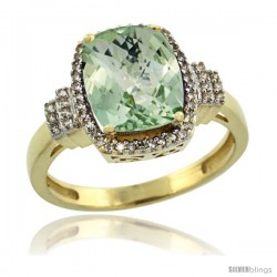 14k Yellow Gold Diamond Halo Green Amethyst Ring 2.4 ct Cushion Cut 9x7 mm, 1/2 in wide