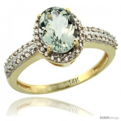 14k Yellow Gold Diamond Halo Green Amethyst Ring 1.2 ct Oval Stone 8x6 mm, 3/8 in wide