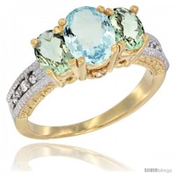 14k Yellow Gold Ladies Oval Natural Aquamarine 3-Stone Ring with Green Amethyst Sides Diamond Accent