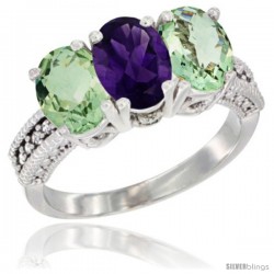 14K White Gold Natural Amethyst & Green Amethyst Ring 3-Stone 7x5 mm Oval Diamond Accent