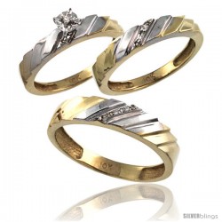 10k Gold 3-Pc. Trio His (5mm) & Hers (4mm) Diamond Wedding Ring Band Set, w/ 0.075 Carat Brilliant Cut Diamonds