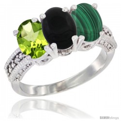 14K White Gold Natural Peridot, Black Onyx & Malachite Ring 3-Stone Oval 7x5 mm Diamond Accent