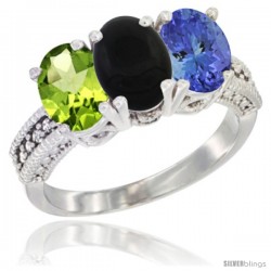 14K White Gold Natural Peridot, Black Onyx & Tanzanite Ring 3-Stone Oval 7x5 mm Diamond Accent