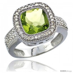 14k White Gold Ladies Natural Peridot Ring Diamond Accent, Cushion-cut 4 ct. 8x8 Stone Diamond Accent