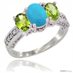 14k White Gold Ladies Oval Natural Turquoise 3-Stone Ring with Peridot Sides Diamond Accent