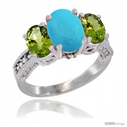 14K White Gold Ladies 3-Stone Oval Natural Turquoise Ring with Peridot Sides Diamond Accent