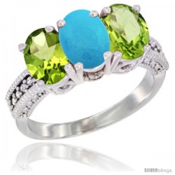 14K White Gold Natural Turquoise & Peridot Sides Ring 3-Stone Oval 7x5 mm Diamond Accent