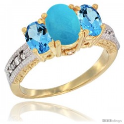 10K Yellow Gold Ladies Oval Natural Turquoise 3-Stone Ring with Swiss Blue Topaz Sides Diamond Accent