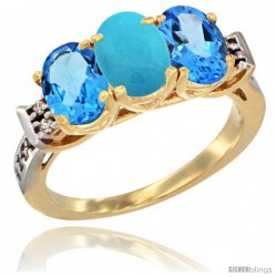 10K Yellow Gold Natural Turquoise & Swiss Blue Topaz Sides Ring 3-Stone Oval 7x5 mm Diamond Accent