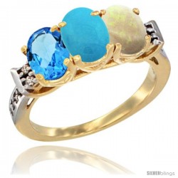 10K Yellow Gold Natural Swiss Blue Topaz, Turquoise & Opal Ring 3-Stone Oval 7x5 mm Diamond Accent