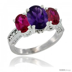 10K White Gold Ladies Natural Amethyst Oval 3 Stone Ring with Ruby Sides Diamond Accent