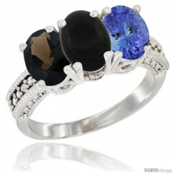 10K White Gold Natural Smoky Topaz, Black Onyx & Tanzanite Ring 3-Stone Oval 7x5 mm Diamond Accent