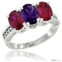 10K White Gold Natural Amethyst & Ruby Sides Ring 3-Stone Oval 7x5 mm Diamond Accent