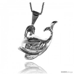 Sterling Silver Large Whale Pendant, 1 1/4 in Tall