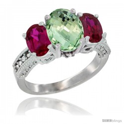 10K White Gold Ladies Natural Green Amethyst Oval 3 Stone Ring with Ruby Sides Diamond Accent