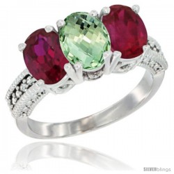 10K White Gold Natural Green Amethyst & Ruby Sides Ring 3-Stone Oval 7x5 mm Diamond Accent