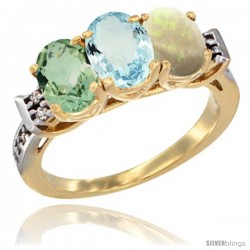 10K Yellow Gold Natural Green Amethyst, Aquamarine & Opal Ring 3-Stone Oval 7x5 mm Diamond Accent