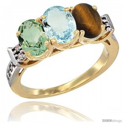 10K Yellow Gold Natural Green Amethyst, Aquamarine & Tiger Eye Ring 3-Stone Oval 7x5 mm Diamond Accent