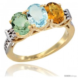 10K Yellow Gold Natural Green Amethyst, Aquamarine & Whisky Quartz Ring 3-Stone Oval 7x5 mm Diamond Accent