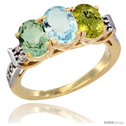 10K Yellow Gold Natural Green Amethyst, Aquamarine & Lemon Quartz Ring 3-Stone Oval 7x5 mm Diamond Accent