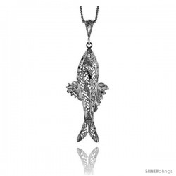 Sterling Silver Large Filigree Fish Pendant, 2 in Tall