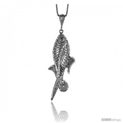 Sterling Silver Large Filigree Fish Pendant, 2 3/16 in Tall