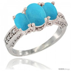 10K White Gold Ladies Oval Natural Turquoise 3-Stone Ring Diamond Accent