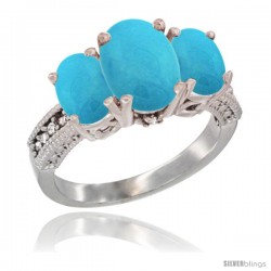 10K White Gold Ladies Natural Turquoise Oval 3 Stone Ring Diamond Accent