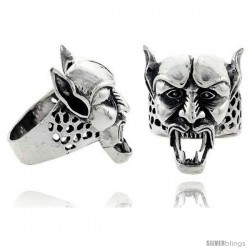 Sterling Silver Demon Gothic Biker Skull Ring, 1 1/4 in wide