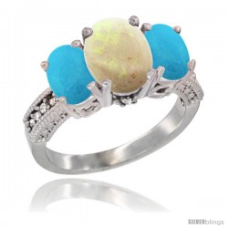 10K White Gold Ladies Natural Opal Oval 3 Stone Ring with Turquoise Sides Diamond Accent