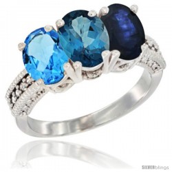 14K White Gold Natural Swiss Blue Topaz, London Blue Topaz & Blue Sapphire Ring 3-Stone 7x5 mm Oval Diamond Accent