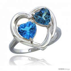 14k White Gold 2-Stone Heart Ring 6mm Natural Swiss Blue & London Blue Topaz Diamond Accent