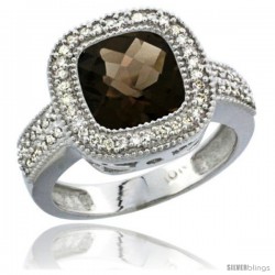 10K White Gold Natural Smoky Topaz Ring Cushion-cut 9x9 Stone Diamond Accent