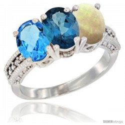 14K White Gold Natural Swiss Blue Topaz, London Blue Topaz & Opal Ring 3-Stone 7x5 mm Oval Diamond Accent