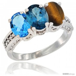 14K White Gold Natural Swiss Blue Topaz, London Blue Topaz & Tiger Eye Ring 3-Stone 7x5 mm Oval Diamond Accent