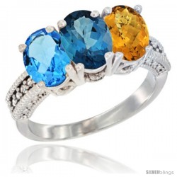 14K White Gold Natural Swiss Blue Topaz, London Blue Topaz & Whisky Quartz Ring 3-Stone 7x5 mm Oval Diamond Accent