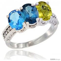 14K White Gold Natural Swiss Blue Topaz, London Blue Topaz & Lemon Quartz Ring 3-Stone 7x5 mm Oval Diamond Accent