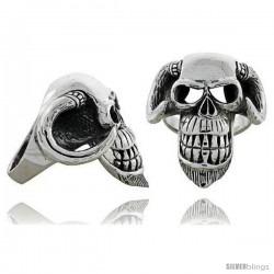 Sterling Silver Demon Gothic Biker Skull Ring with Horns, 1 3/4 in wide