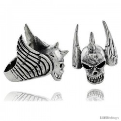 Sterling Silver Gothic Biker Skull Ring w/ Wings, 1 1/4 in wide