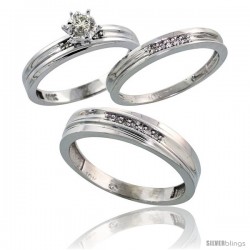 10k White Gold Diamond Trio Wedding Ring Set His 5mm & Hers 3mm