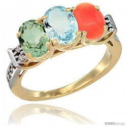 10K Yellow Gold Natural Green Amethyst, Aquamarine & Coral Ring 3-Stone Oval 7x5 mm Diamond Accent