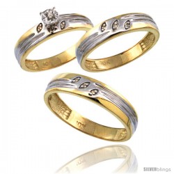 10k Gold 3-Pc. Trio His (5mm) & Hers (4.5mm) Diamond Wedding Ring Band Set, w/ 0.075 Carat Brilliant Cut Diamonds