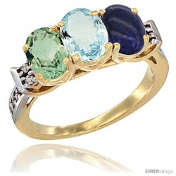 10K Yellow Gold Natural Green Amethyst, Aquamarine & Lapis Ring 3-Stone Oval 7x5 mm Diamond Accent