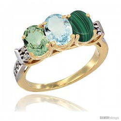 10K Yellow Gold Natural Green Amethyst, Aquamarine & Malachite Ring 3-Stone Oval 7x5 mm Diamond Accent